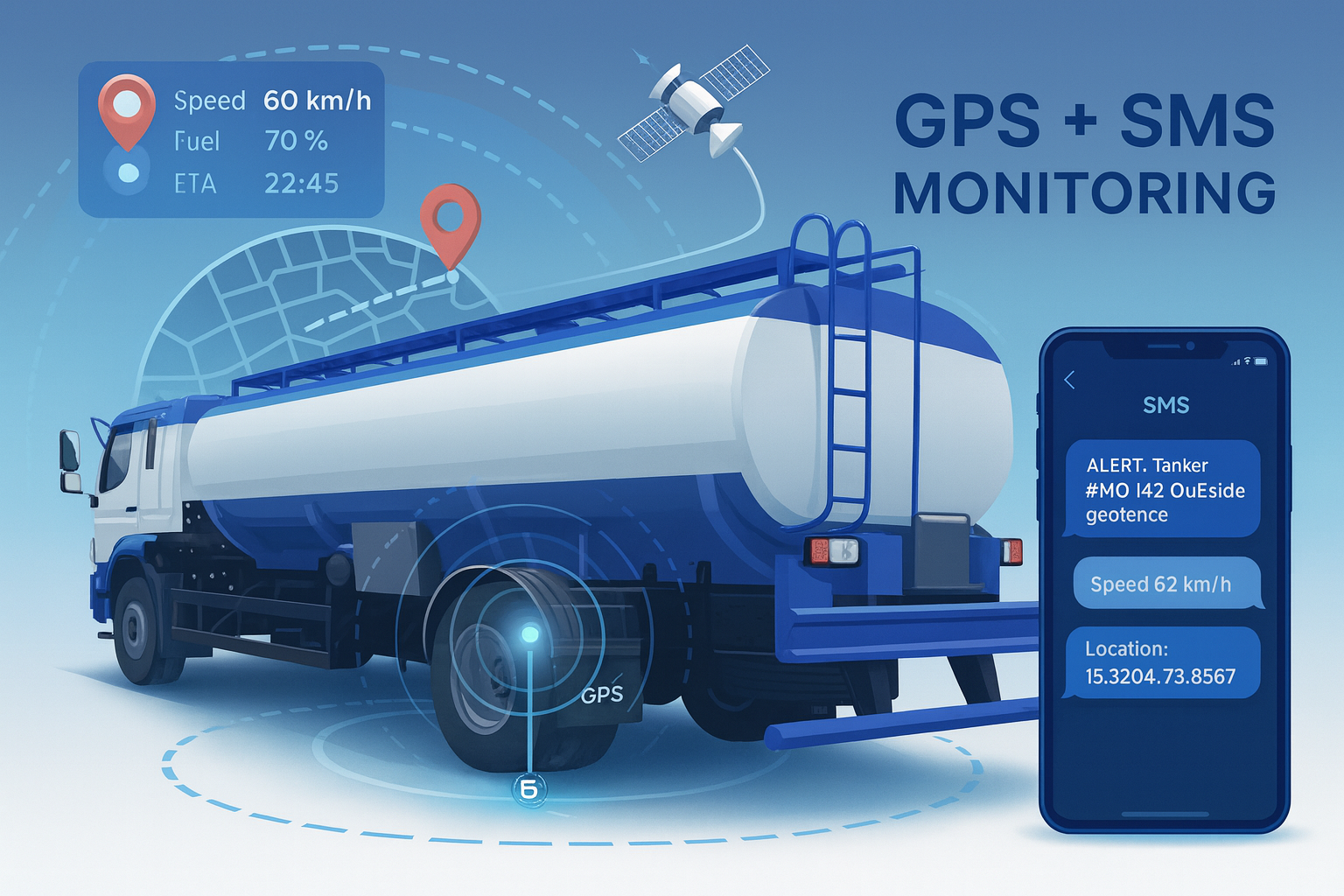 Infographic showing PDS kerosene tanker tracking & SMS flow